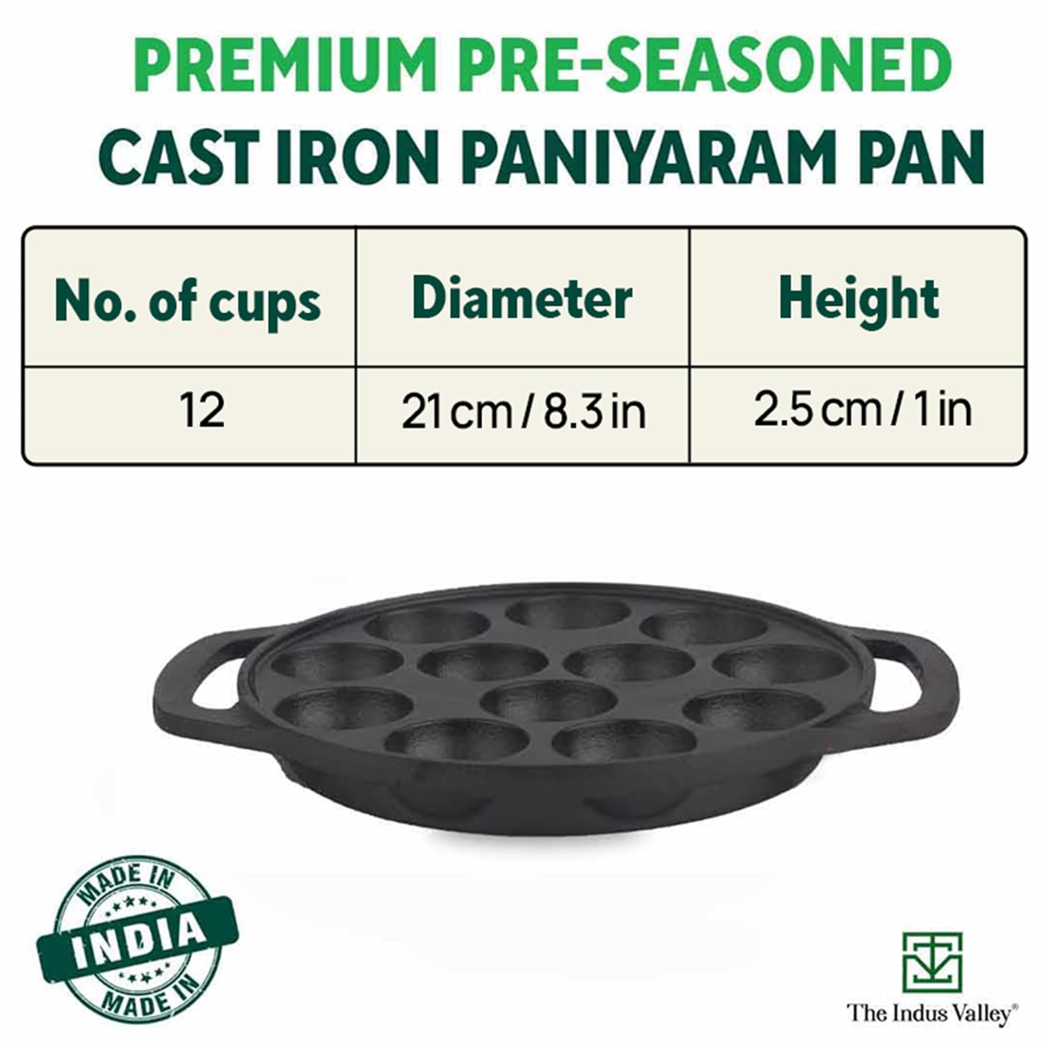 Pre-Seasoned Black Cast Iron Paniyaram Pan With Spatula - Medium, 12 Pits, 8.3 Inch, 21 Cm, 2 Kg | Induction Friendly, Nonstick Appe Or Paddu Pan, 100% Pure & Toxin-Free, No Chemical Coating