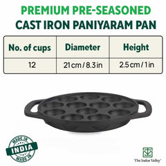 Pre-Seasoned Black Cast Iron Paniyaram Pan With Spatula & Silicon Grip - Medium, 12 Pits, 8.3 Inch, 21 Cm, 2 Kg | Induction Friendly, Nonstick