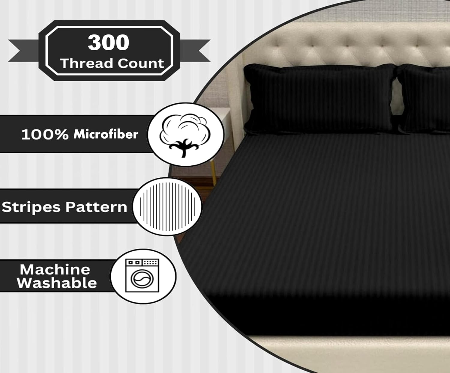 Striped Black Bedsheet For King Size With 2 Pillow Cover (90 X 95 Inches) | Softer & Durable For All Season | Ideal For Daily Use Home Bedsheet