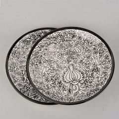 Hand Painted Ceramic Dinner Serving Plates Set Of 2 - Off White & Black, 25 Cm | Full Plates - Ceramic Platter - Kalamkari Collection