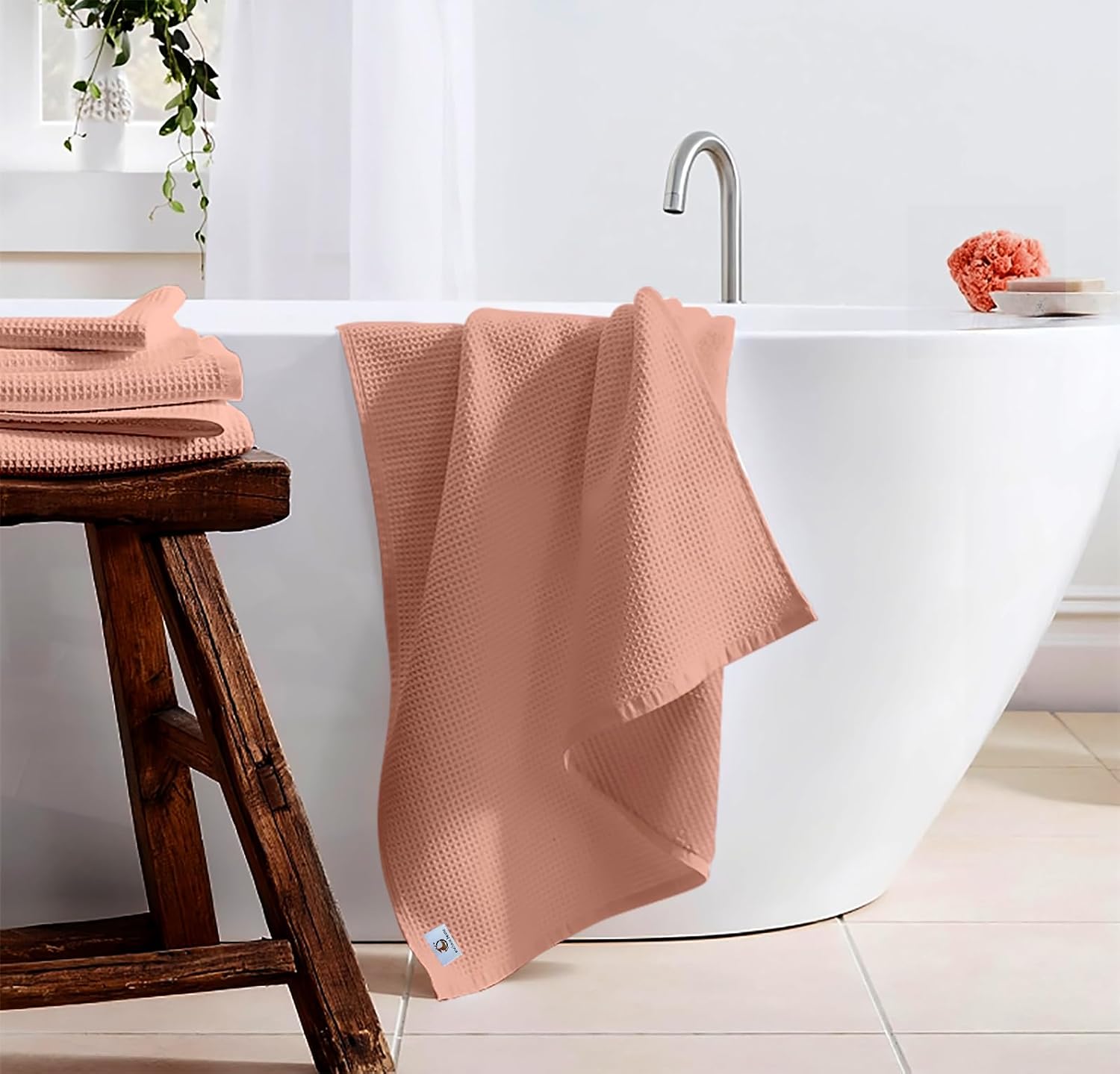 Enchant Home Pure Cotton Waffle Towel 400 Gsm | Lightweight Anti-Microbial & Water Absorbent Soft Touch Quick Drying Bath Towel | Peach