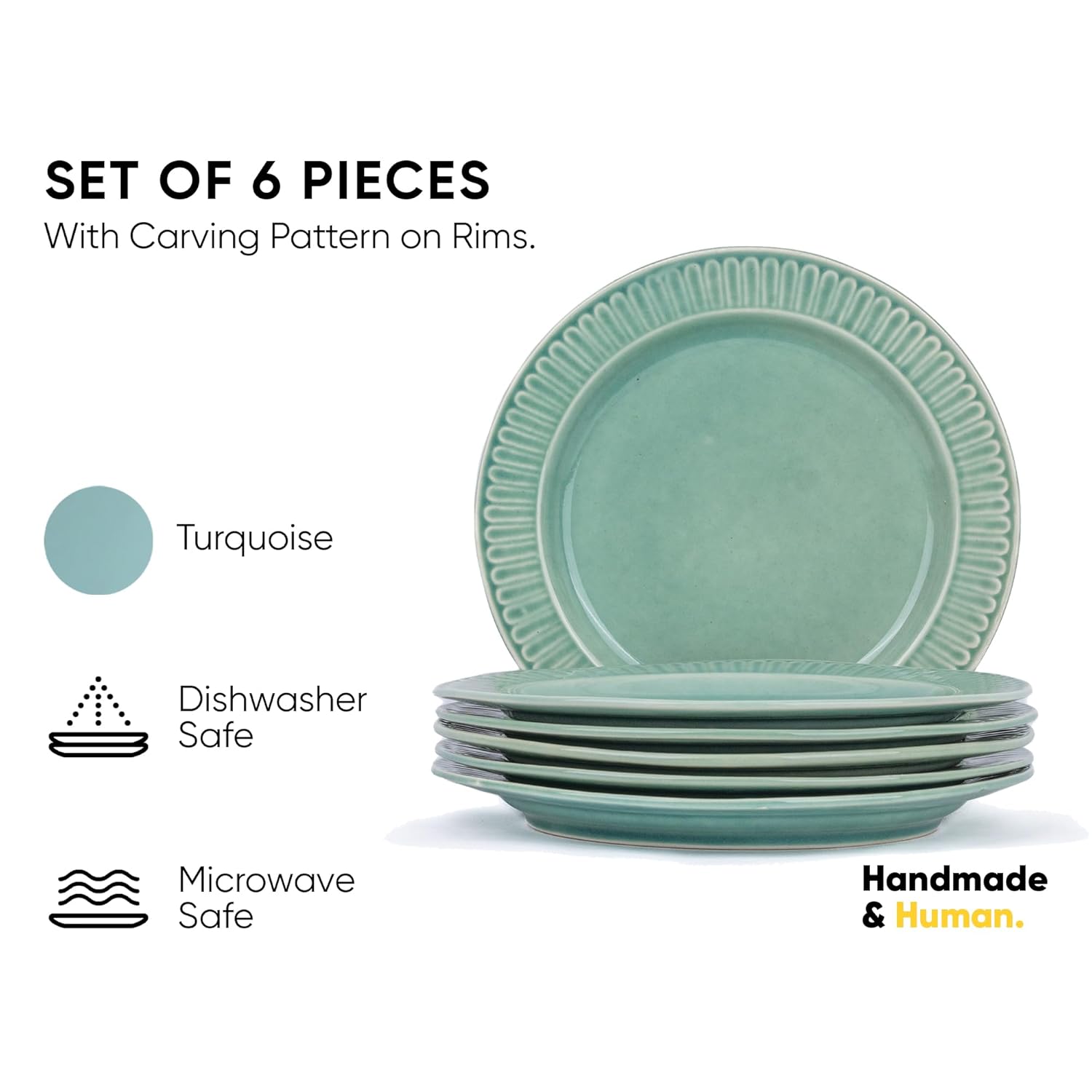 Ceramic Dinner Plates Set Of 6 Pieces, Light Mint Carving Series | Ceramic Plates Set - Glossy Finish Plate Set | Ceramic Dinner Plates - Set Of 6 Plates | Microwave Safe & Chip Resistant
