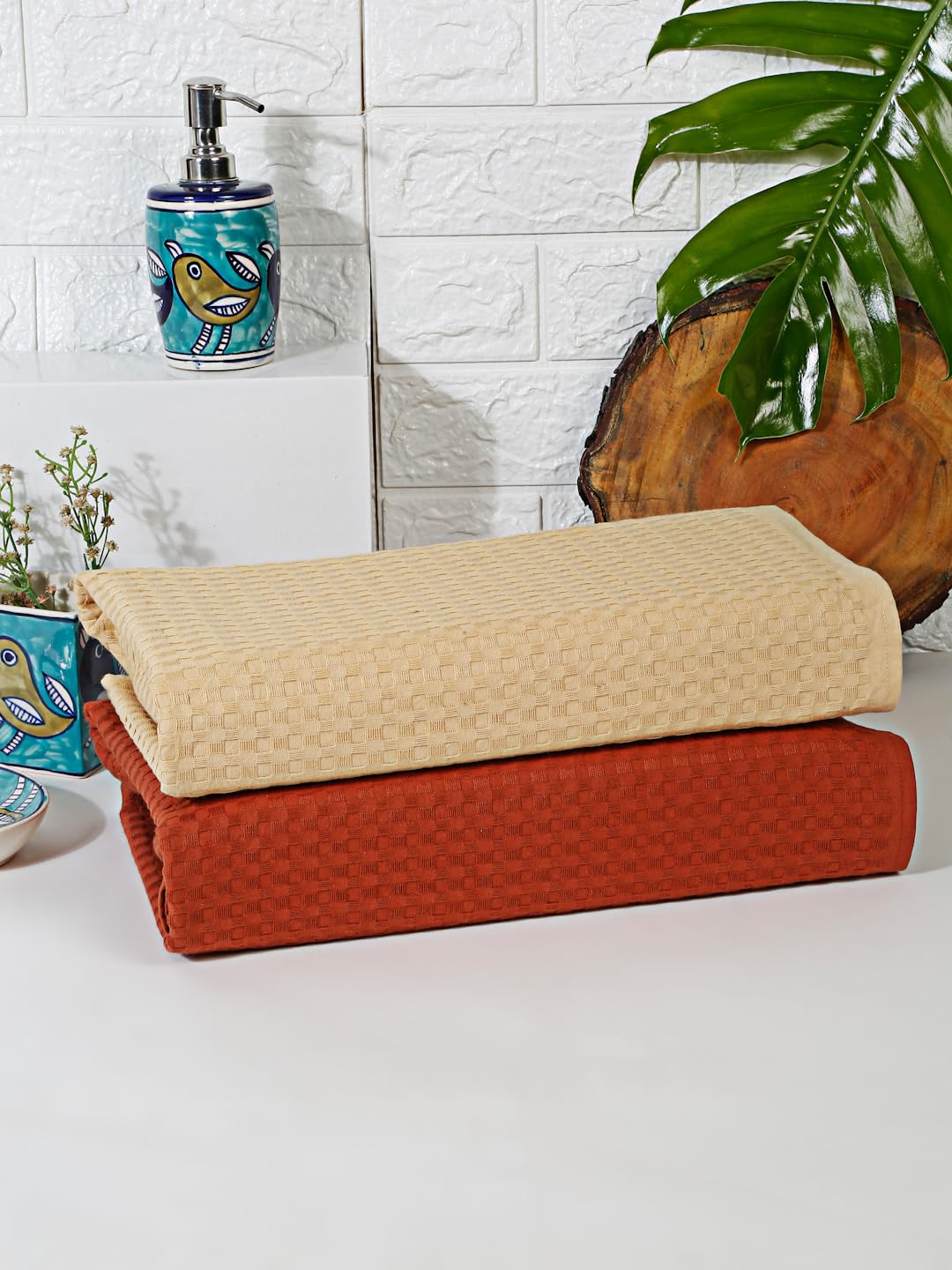 Eco Sense Basket Weave 100% Cotton Luxuriosly Bath Towels 700 Gsm | Soft, Super Absorbent, Large Size Quick Dry Bath Towel - Sandal & Cinnamon (Pack Of 2)