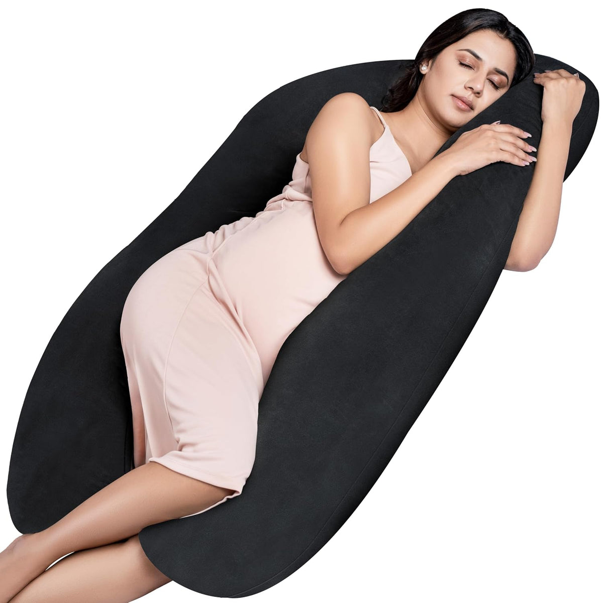 Full Body U Shape Pregnancy Pillow For Women, Maternity Pillow, Black Color | Pillow Gift For Pregnancy Sleeping, Premium Velvet Cover With Zip | Adjustable & Washable, Relieves Pain