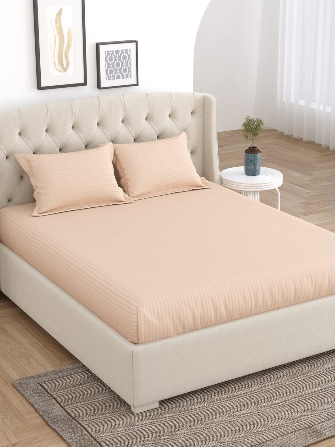 Queen Bedsheet With 2 Pillow Cover - 60 X 78 Inches, Beige | All Around Elastic Fitted | Ideal For Everyday Use
