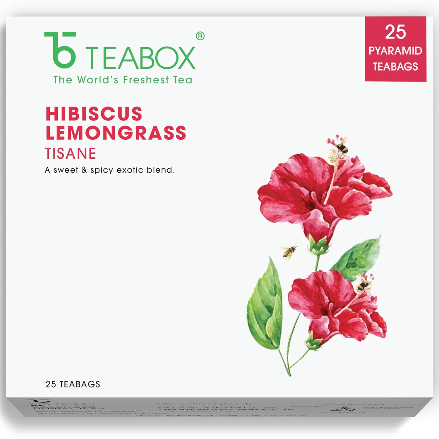 Teabox Hibiscus Lemongrass Tisane Tea - 25 Pyramid Tea Bags | Made With Citrusy Tisane Hibiscus, Lemongrass & Licorice - Caffeine Free | Hot & Cold Tea