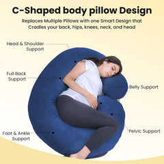 C Shape Full Body Pillow, Pregnancy Pillows For Sleeping, Adjustable, Blue | Maternity Pillows For Back, Hips, Legs, Belly | For Pregnant Women With Removable, Washable Blue Velvet Cover