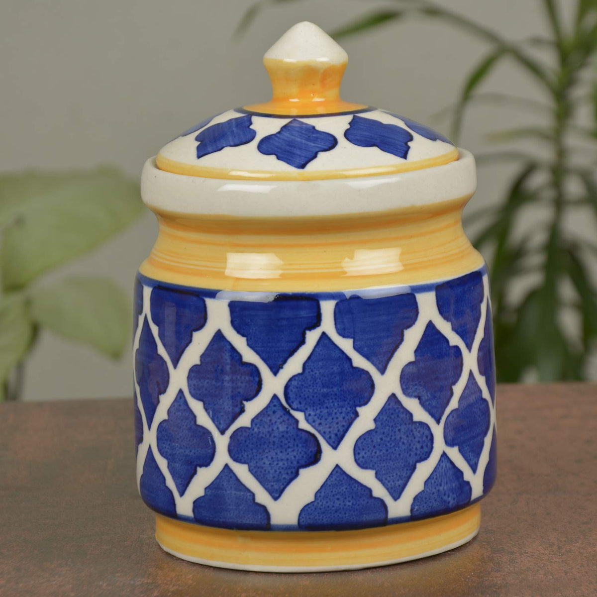 Hand Painted Ceramic Jar (Burni) With Lid 1000ml - Blue & Yellow | Ceramic Multi-Utility Storage Jar - Pickle Storage Jar