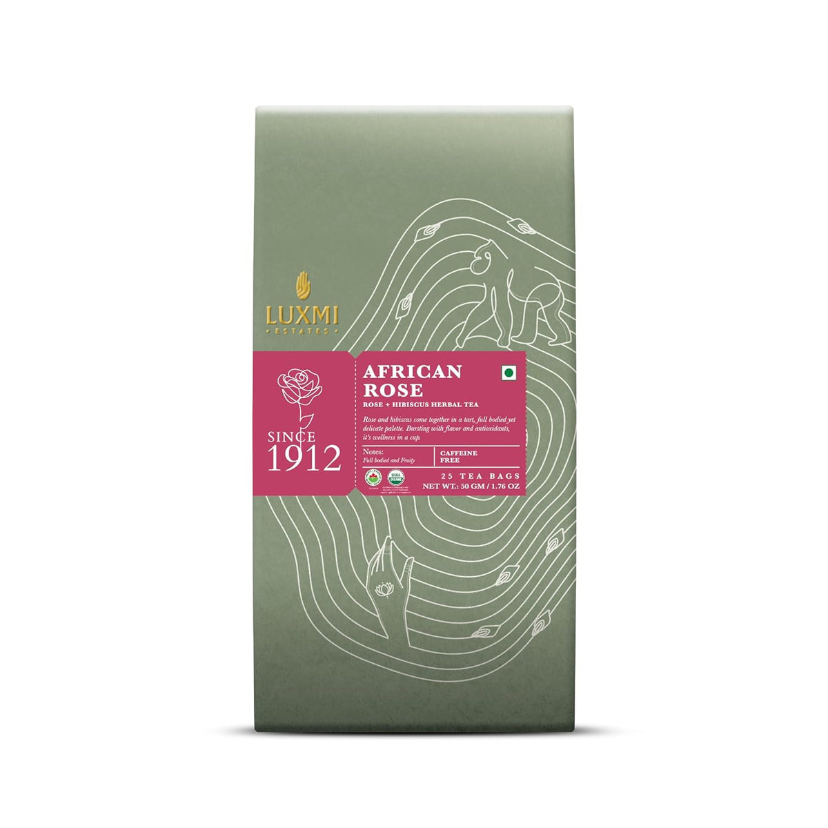 Luxmi Estates African Rose + Hibiscus Herbal Tea - 50gm, 1.7 Ounce, 25 Tea Bags | USDA Certified Organic Tea - Caffeine Free Herbal Tea Bags | Rich In Antioxidants, Additives Free