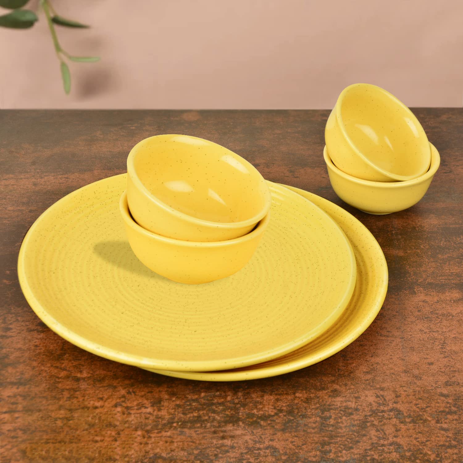 Premium Ribbed Ceramic 2 Dinner Serving Plate With 4 Dinner Bowls, Set Of 6 - Yellow, Plate Diameter: 10 Inches | Plates & Bowls Set - Golden Glow Collection