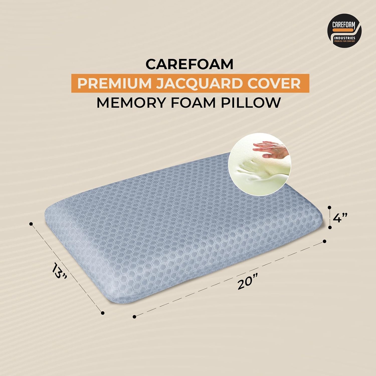 Orthopedic Memory Foam Pillow For Comfortable Sleep, Grey - 20 X 13 X 4 Inch | For Neck & Shoulder Pain Relief With Removable Zipper Grey Jacquard Cover | Back, Stomach Sleepers - Pack Of 1