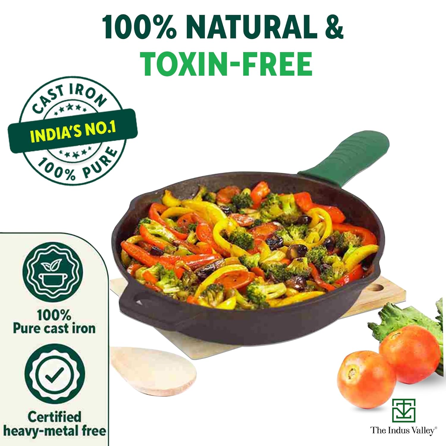 Super Smooth Cast Iron Fry Pan Or Skillet With Silicone Grip - Small 20.3cm, 8 Inch, 1.3 Liters, 2.3 Kg | Induction Friendly, Nonstick, Pre-Seasoned Fry Pan, 100% Pure & Toxin Free, Black