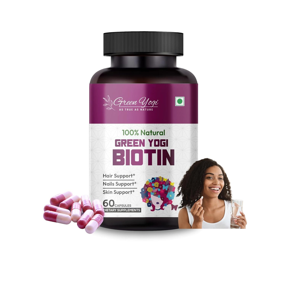 ?Green Yogi Biotin Biotin Capsules For Boost Hair, Skin, And Nail Health | 60 Capsules , 100gm 0.2lbs