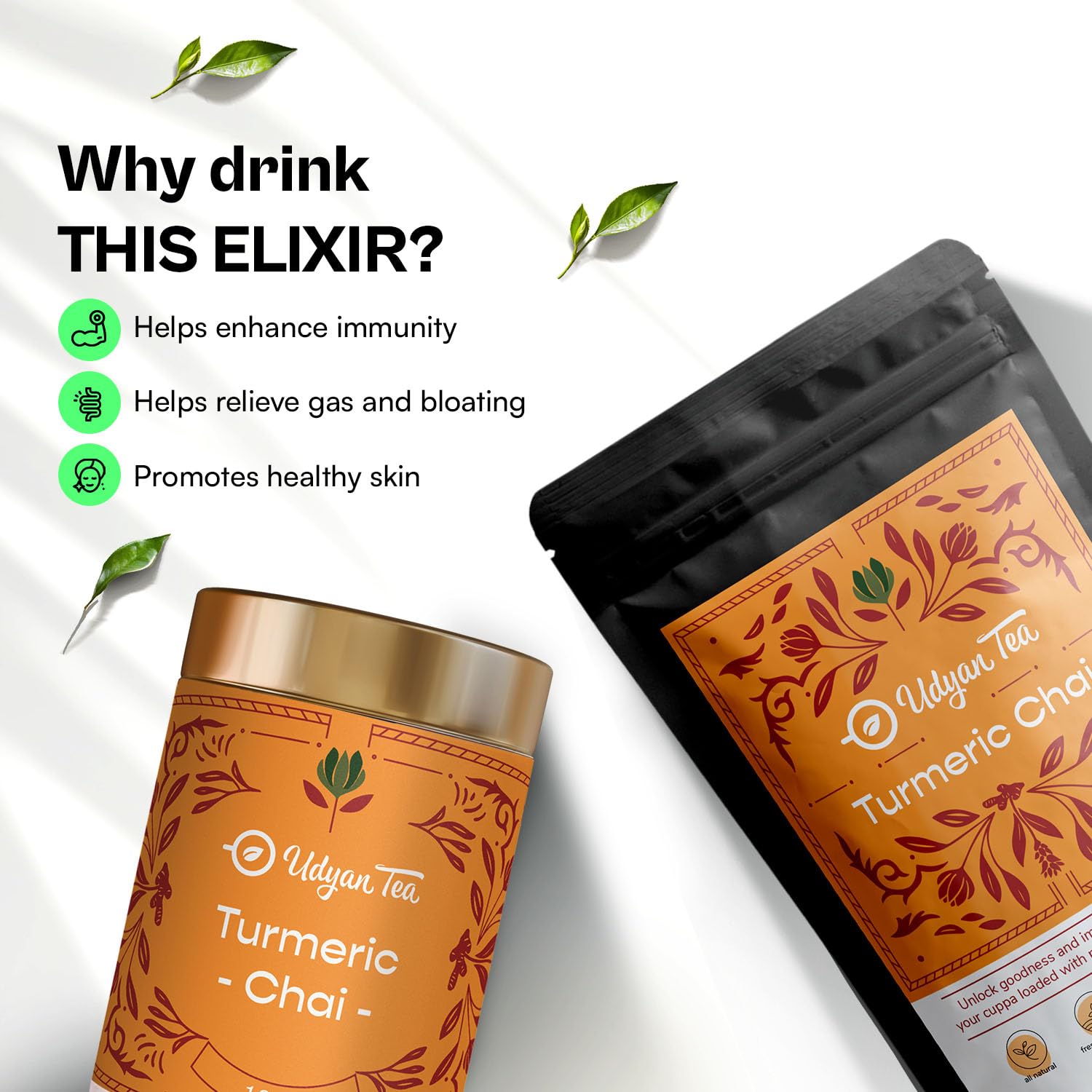 Udyan Tea Turmeric Chai - 100gm, 3.5 Ounce | Ayurvedic Blend For Immunity Boosting & Health - Loose Leaf Black Tea | High Caffeine