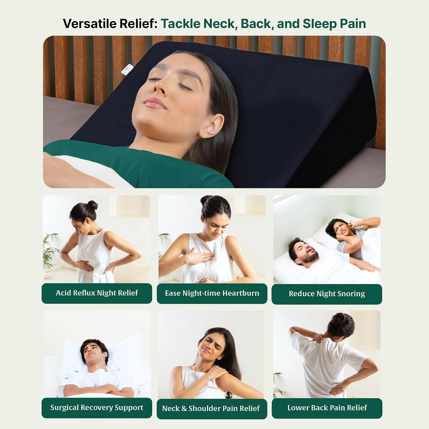 Bed Wedge Pillow, For Back Support & Sleeping, Black, Standard Size, Low Height - 18 L X 18 W X 7 H Inch | Acid Reflux, Gerd, Post Surgery, Memory Foam Pillow With Cover, Eco-Friendly