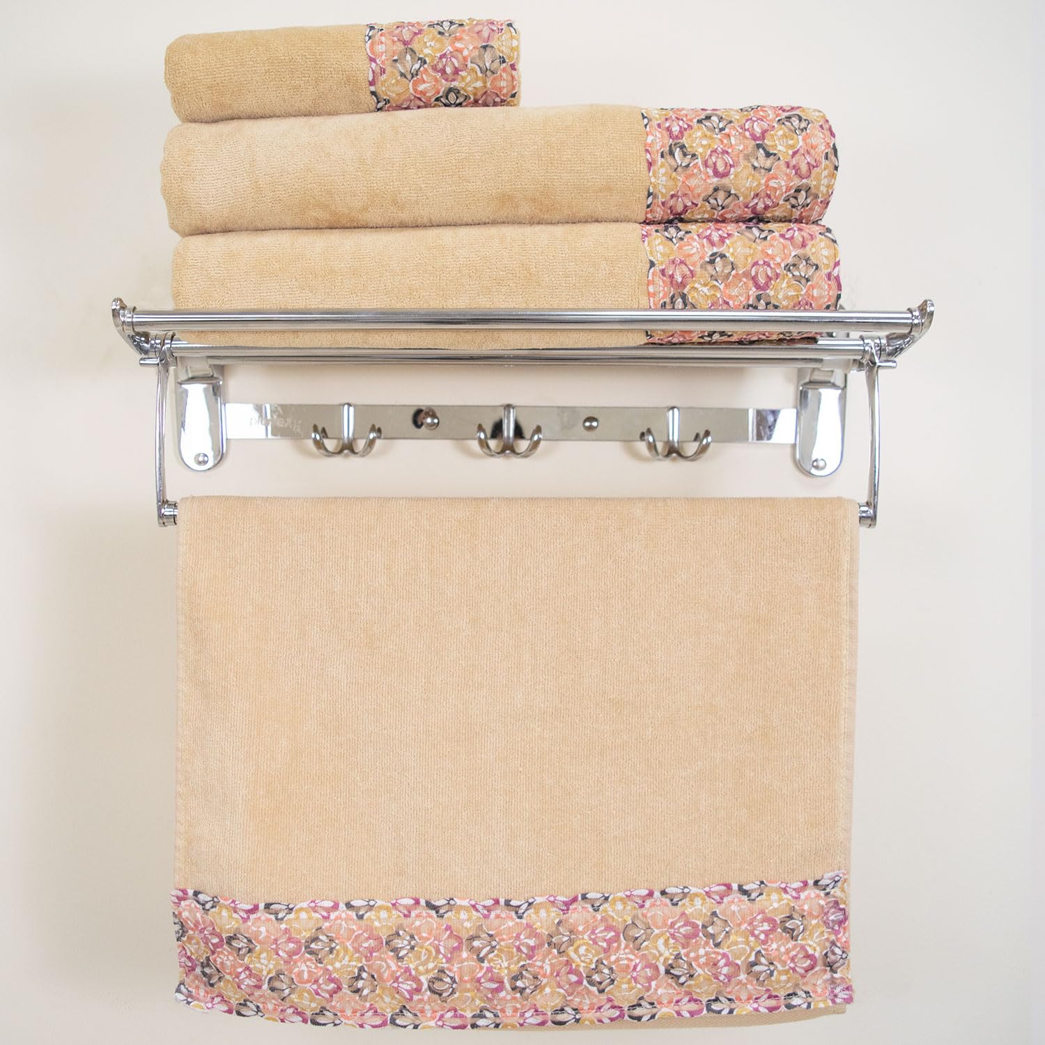 Rangoli Prima Dream 100% Cotton Lace 2 Bath & 2 Hand Towel 1400 Gsm | Ultra Soft, Super Absorbent & Eco-Friendly Hanging Bath Towels (Beige) - Pack Of 4