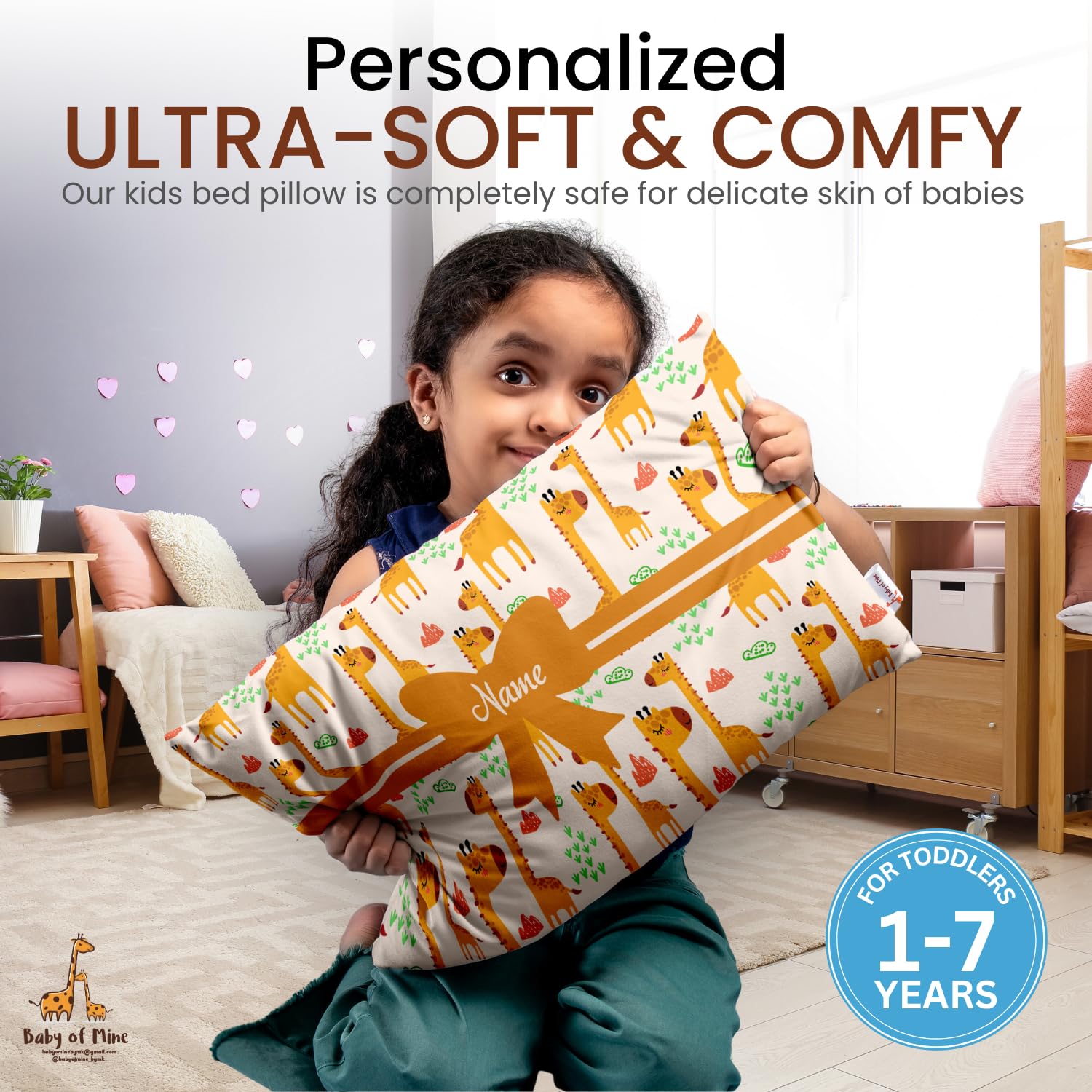 Personalized Pillow For Kids, Super Soft Cotton Kids Cushion - 12 X 18 Inches | Custom Name, For 5 Years Old Kids, Adorable Prints | For Head, Neck Support Baby Pillow - Pillow 04