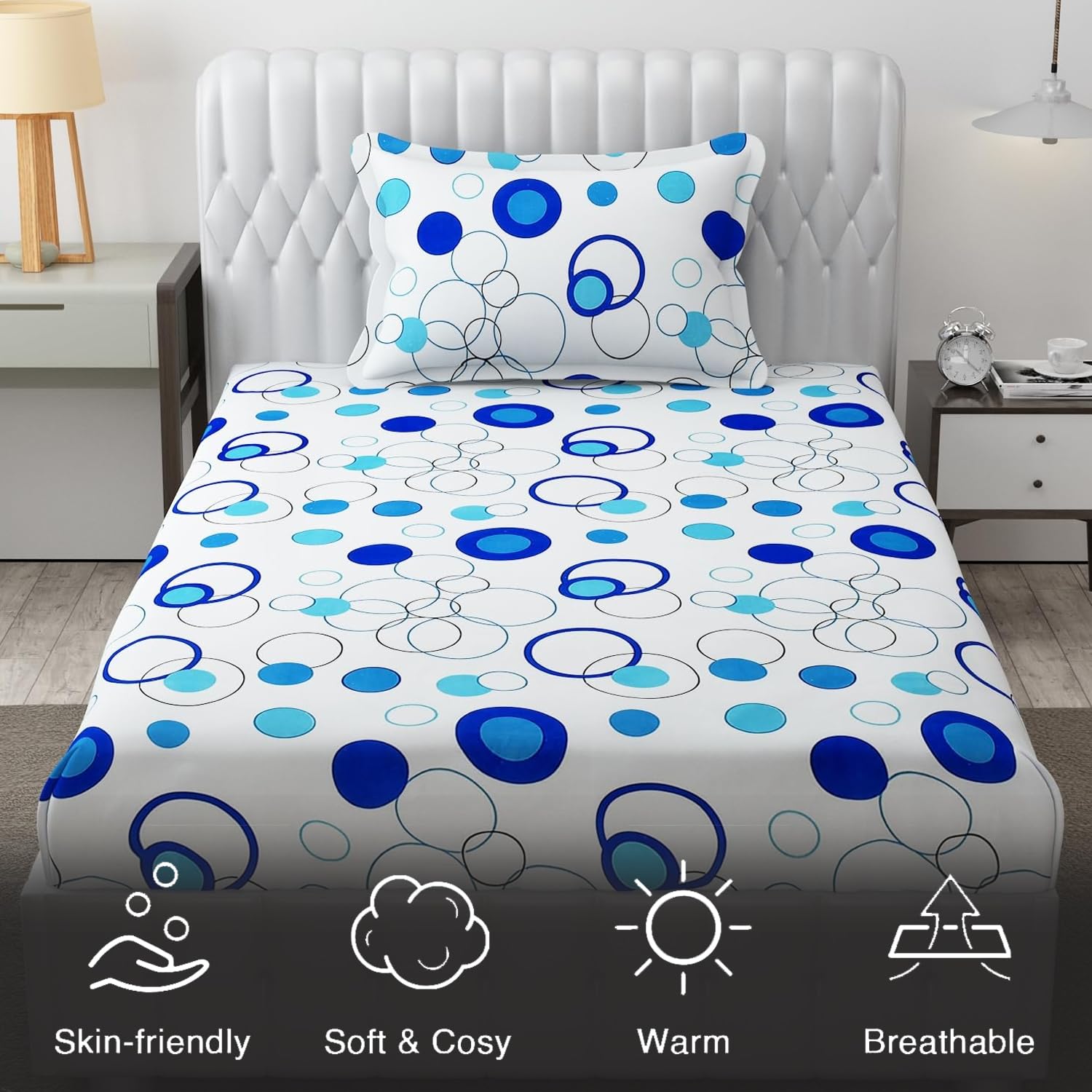 Microfiber Single Bedsheet Set With 1 Pillow Covers (60 X 90 Inches) White & Blue | Durable & Long-Lasting | 144 Thread Count | Wrinkle Free