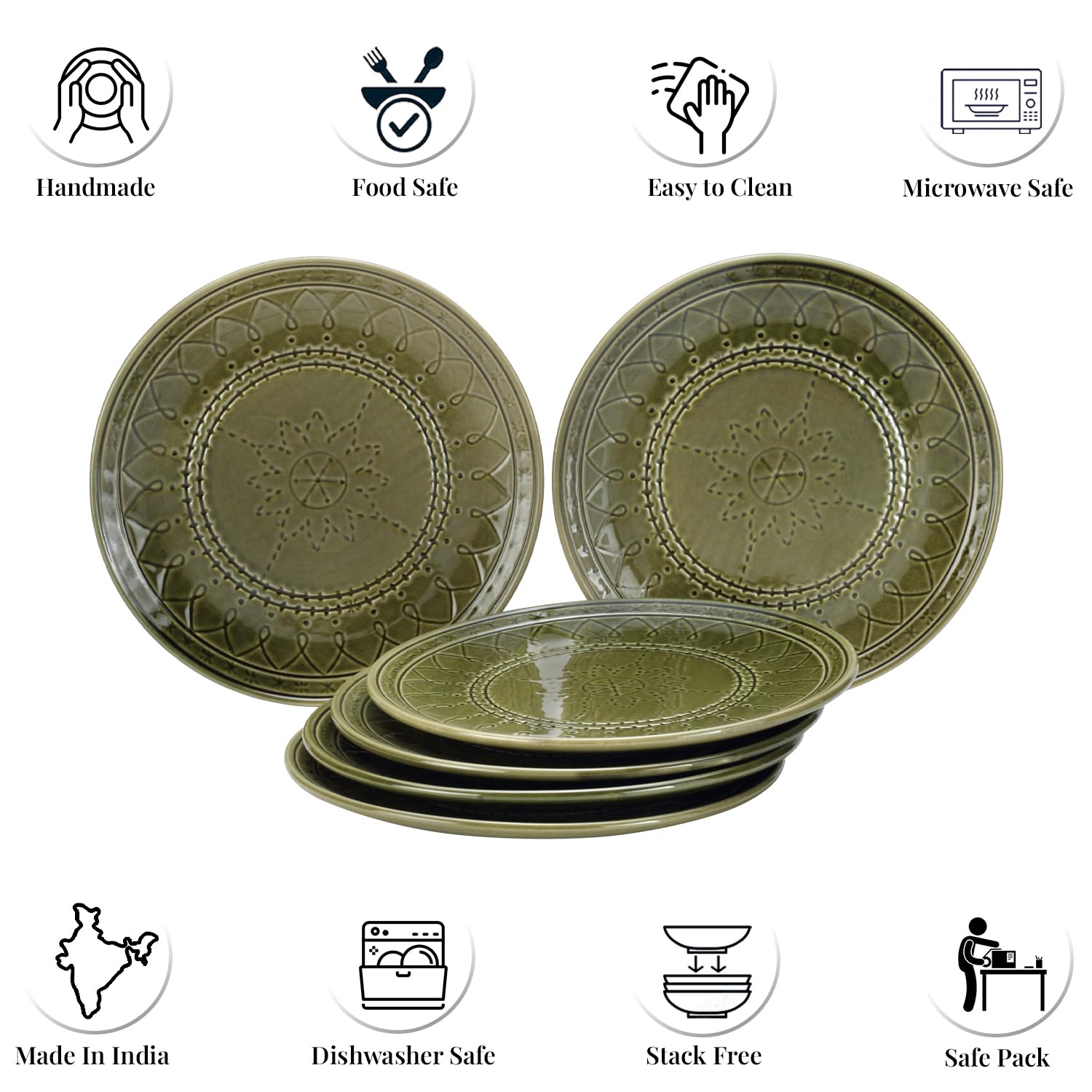 Ceramic Hand Glazed Large Embossed Dinner Plates Set Of 6 - 10.6 Inch, Moss Green | Handcrafted Stoneware - Microwave Safe & Dishwasher Safe