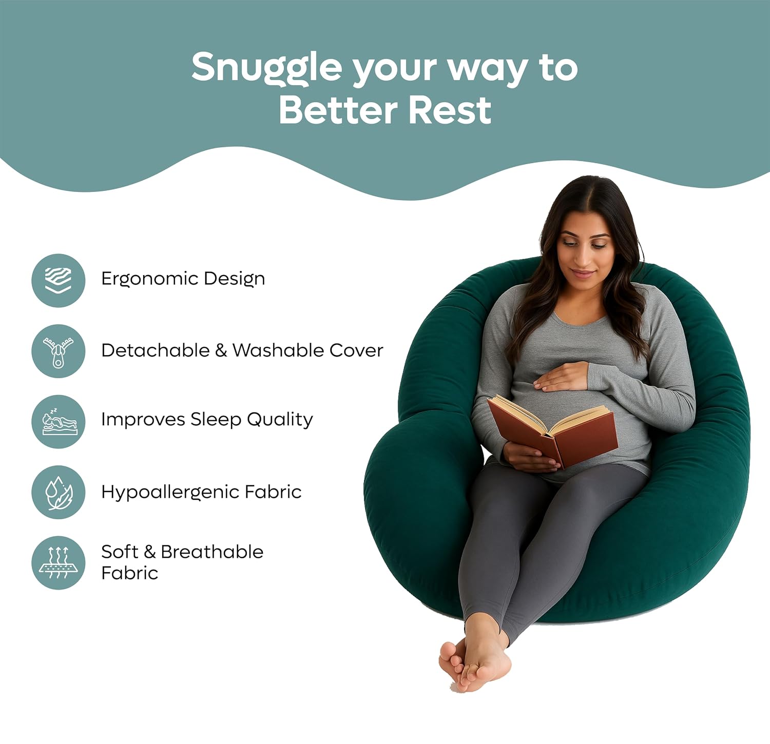 C Shape Pregnancy Pillows For Sleeping, Maternity Support, Peacock Green | Multipurpose Pillow For Back, Hips, Legs, Belly Support With Removable Washable Velvet Cover, Full-Body Support