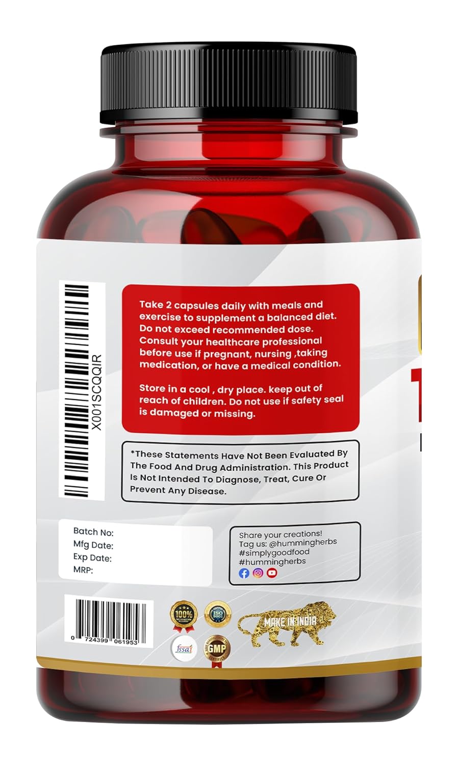 Humming Herbs Tongkat Ali Eurycoma Longifolia 6 In 1 Blend With Korean Ginseng, Horny Goat Weed, L- Arginine, Black Pepper Powder & Beet Root For Men's Health | 90 Capsules 150gm 0.3lbs