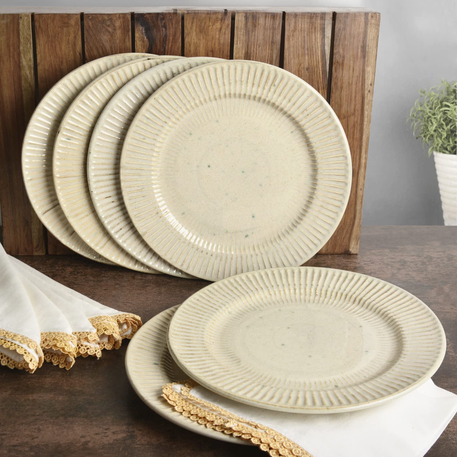 Ribbed Ceramic Dinner Serving Plates With 6 Complimentary Table Napkins Set Of 6 - Ivory, Diameter: 10 Inches | Full Plates - Ceramic Platter - Dazzling Riviera