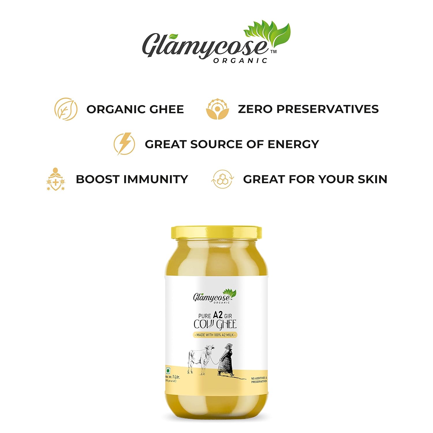 Natural Premium Desi Cow Ghee By Glamycose | High In Protein Fiber Healthy Desi Ghee For Baking | (1 Litr) 33.8 Ounce | Jar Pack