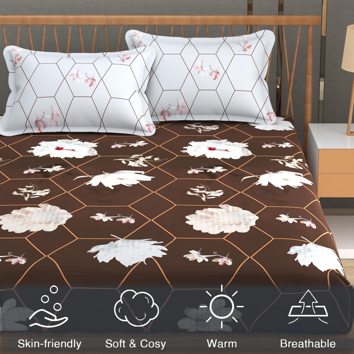 Bedsheet For Double Bed Queen Size With 2 Pillow Cover - 100 X 100 Inches, Brown & White | Perfect For Gifting On Weddings Bedsheet