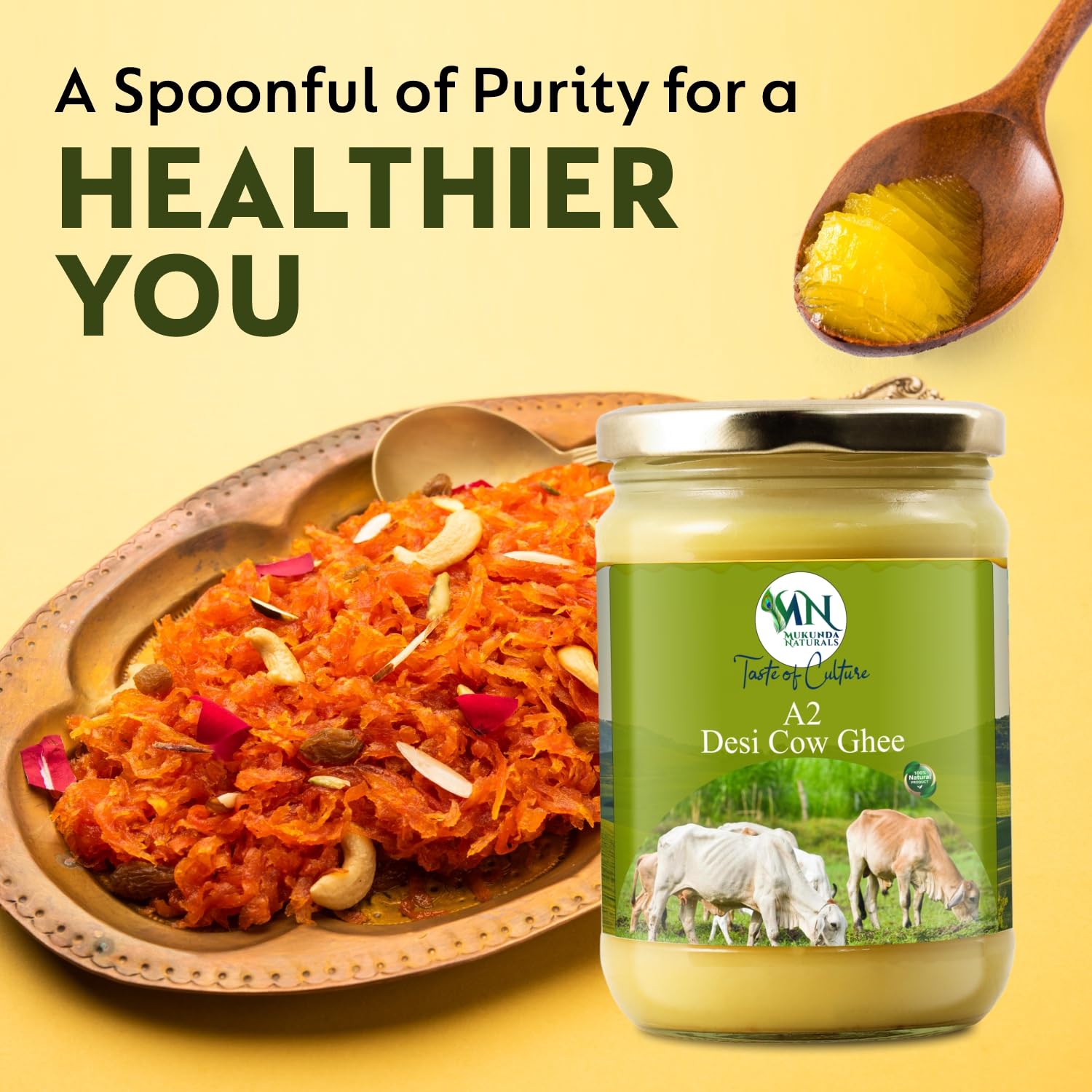 Pure A2 Desi Gir Cow Ghee By Mukunda Naturals | Traditional Bilona Method Grassfed Healthy Desi Cow Ghee Good For Frying & Baking | (1 Litre) 33.8 Ounce | Jar Pack