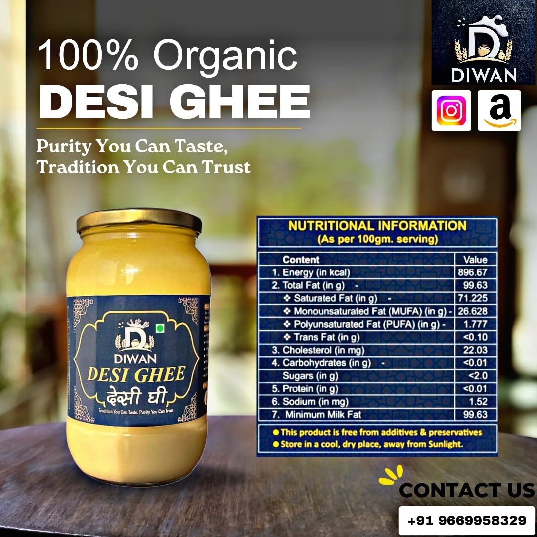 Organic Natural Desi Ghee By Diwan | Rich & Aromatic Natural Healthy Authentic Bilona Ghee Good For Bones Health | (500ml) 16.9 Ounce | Jar Pack