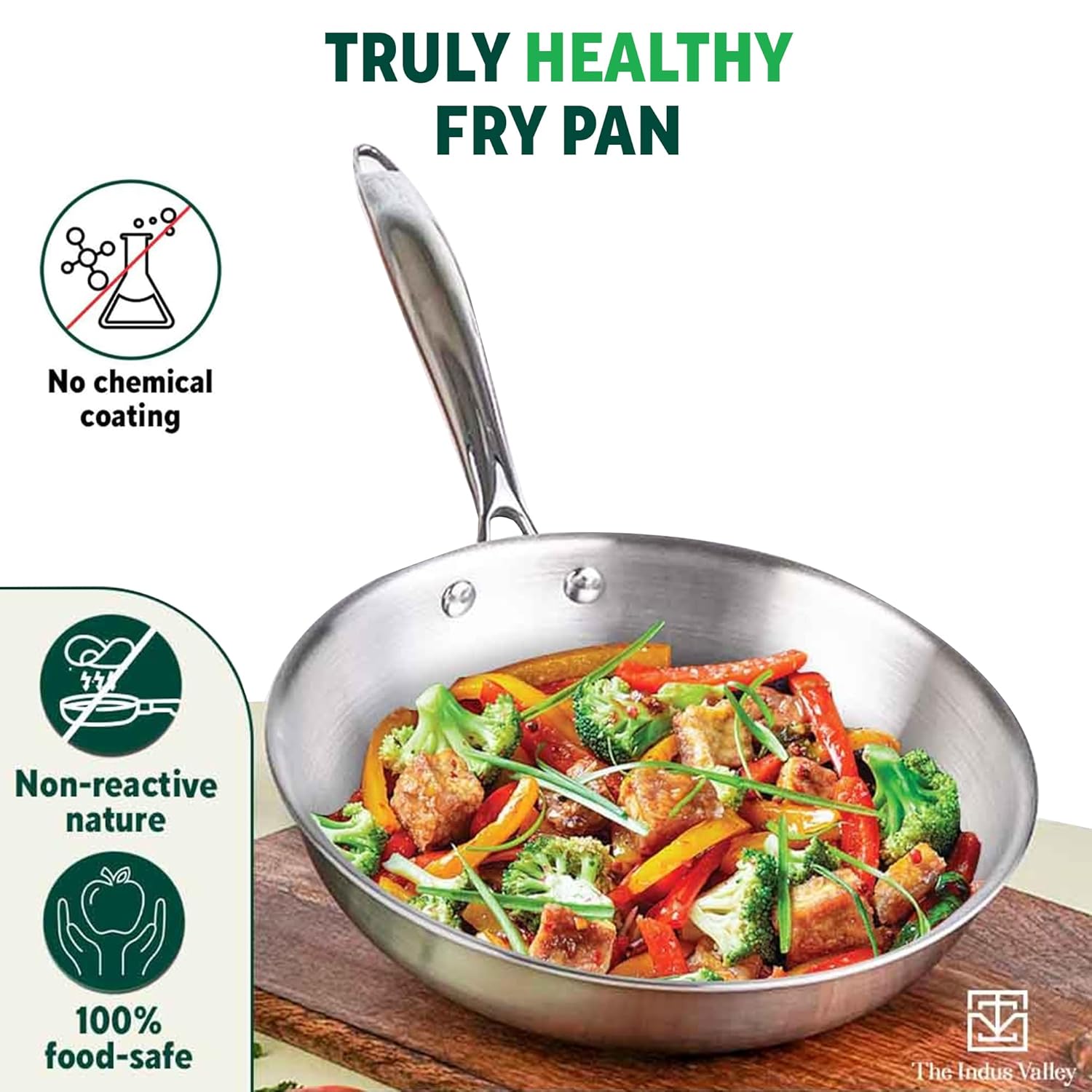 Triply Stainless Steel Fry Pan With Free Wooden Spatula For 2-3 People - Medium, 24cm, 9.4 Inch, 1.7 Liters, 1 Kg | Induction Friendly, Nonstick 3-Layer Body, Toxin-Free, No Chemical Coating