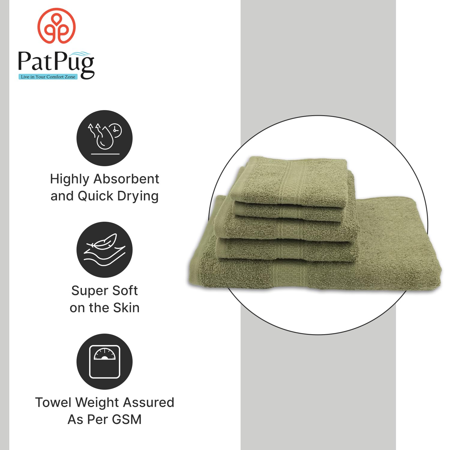 Patpug 100% Indian Cotton Plush Towel Set 1200 Gsm | Highly Absorbent, Fade Resistant, Quick Drying (Olive Green) - 5 Piece