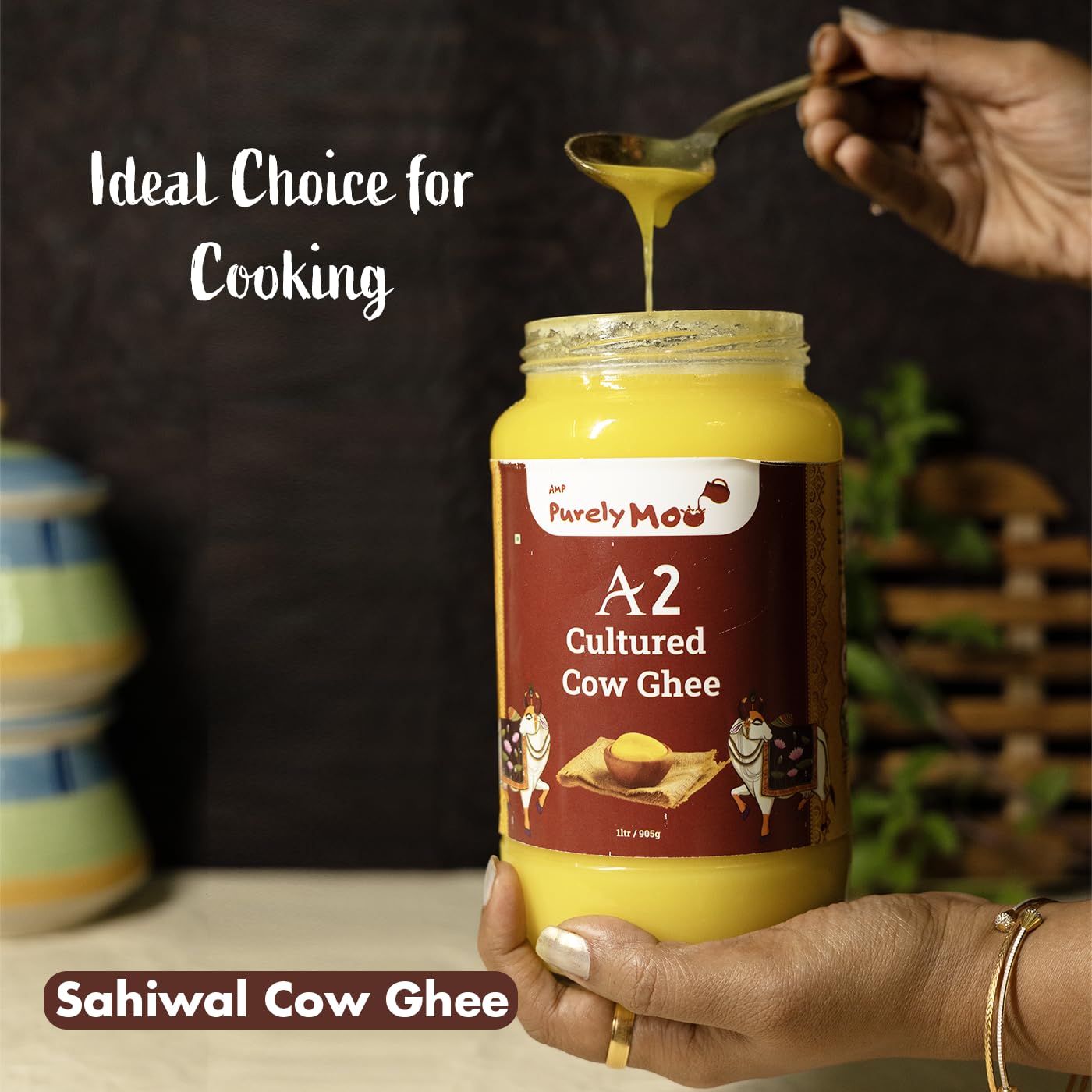 100% Pure A2 Cultured Cow + A2 Cow + A2 Murrah Buffalo & A2 Cultured Buffalo Ghee By AMP Purely Moo | Healthy & Nutrients Pure Combo Desi Ghee | 2 Litre (500ml * 4) 33.8 Ounce | Jar Pack