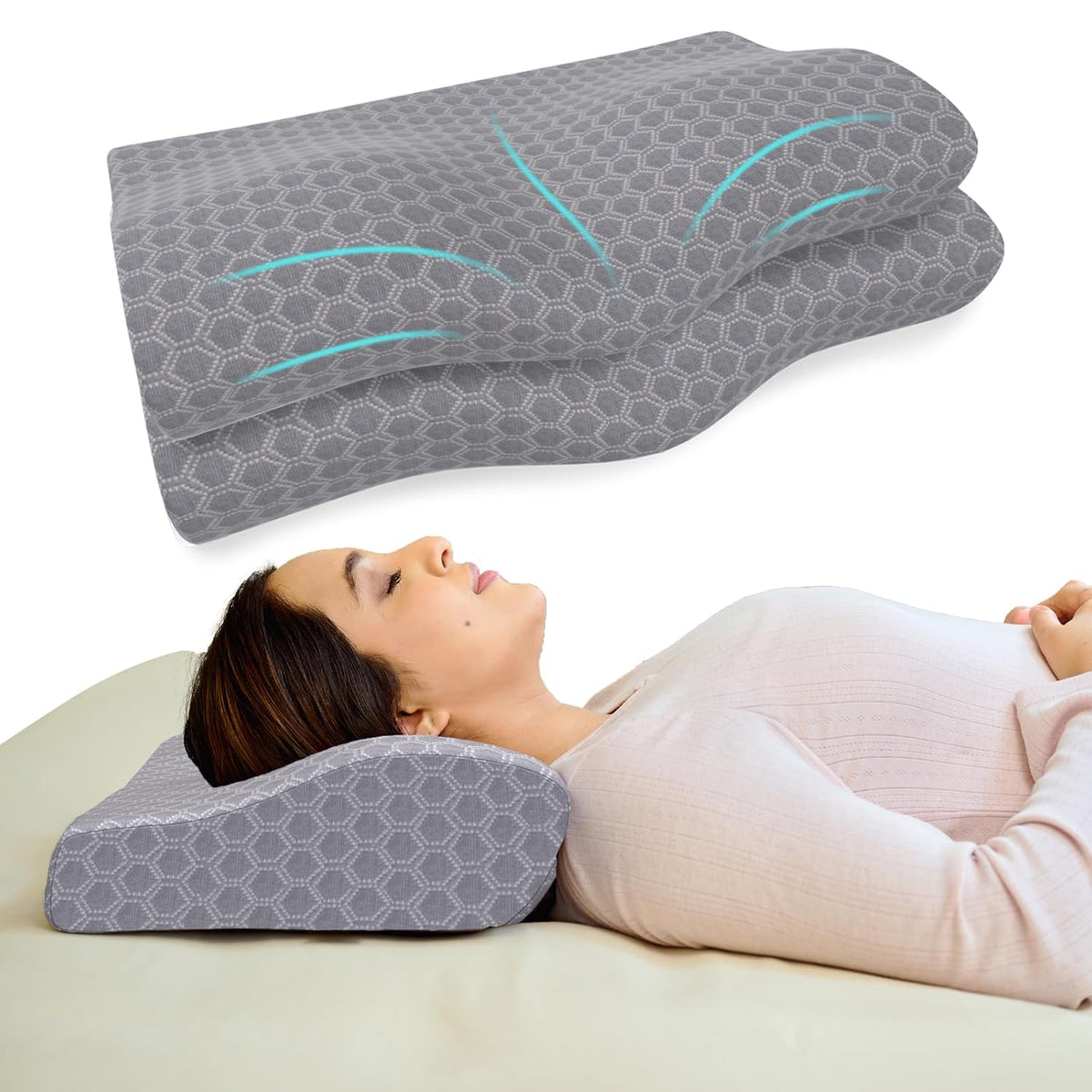 Memory Foam Cervical Neck Pillow, For Pain Relief, Size - 19 X 12 X 4 Inch | Soft Pillow For Improves Posture, Spinal Alignment, Neck Pain Relief | Grey Jacquard Cover - Pack Of 2