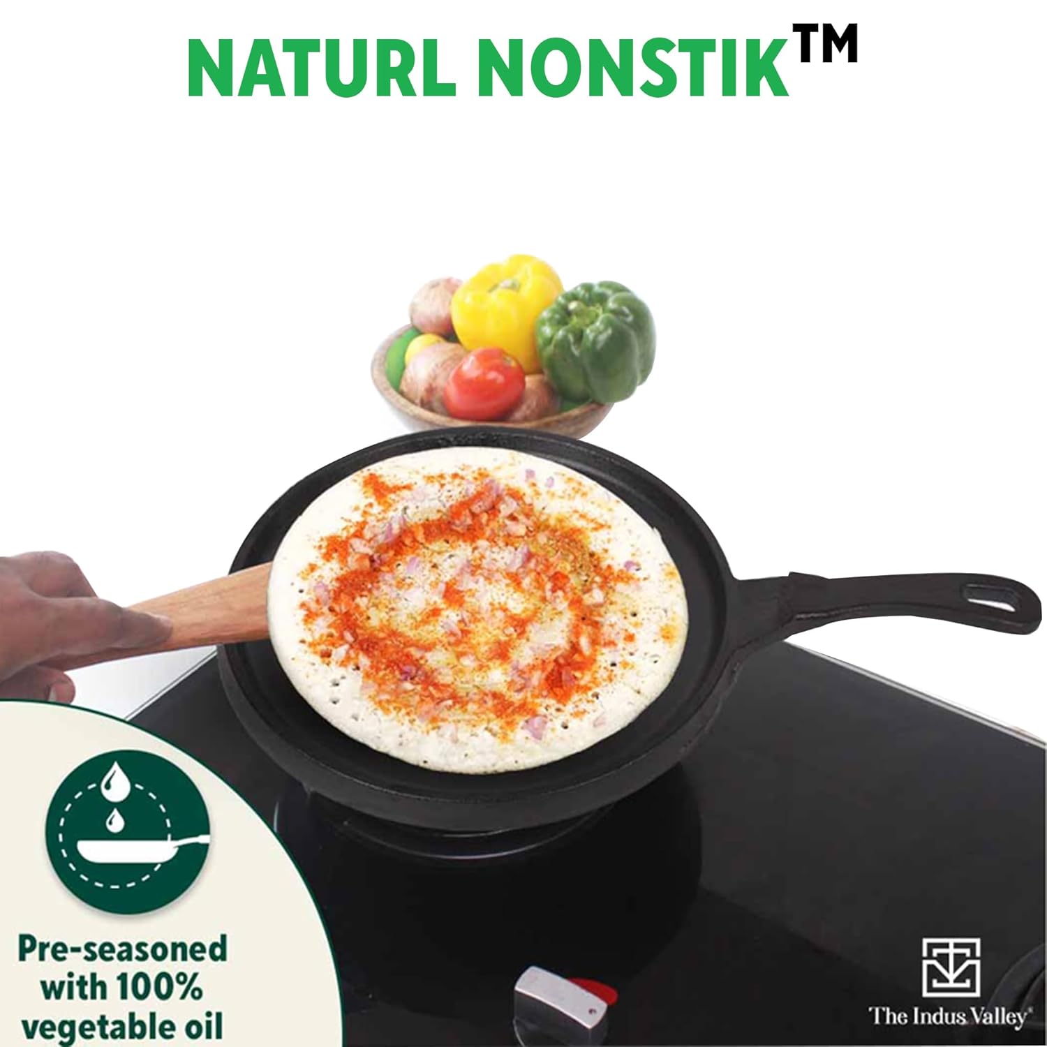 Pre-Seasoned Black Cast Iron Tawa For Dosa, Chapathi - 25.5cm, 10 Inch, 2.1 Kg | Induction Friendly, Naturally Nonstick, 100% Pure & Toxin-Free, No Chemical Coating