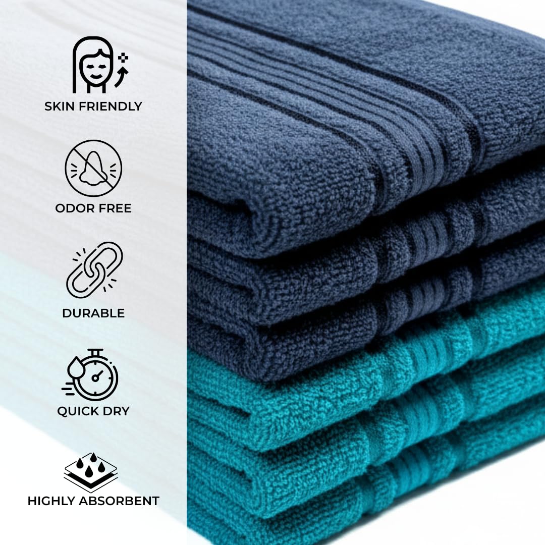 Akiko Home 100% Cotton Essential Series Hand Towels 1200 Gsm | Soft, Absorbent & Durable, Cotton Hand Towel For Bathroom Use, Gentle On Skin- Pack Of 6 (Navy & Teal)
