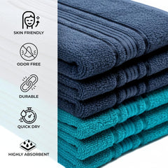 Akiko Home 100% Cotton Essential Series Hand Towels 1200 Gsm | Soft, Absorbent & Durable, Cotton Hand Towel For Bathroom Use, Gentle On Skin- Pack Of 6 (Navy & Teal)