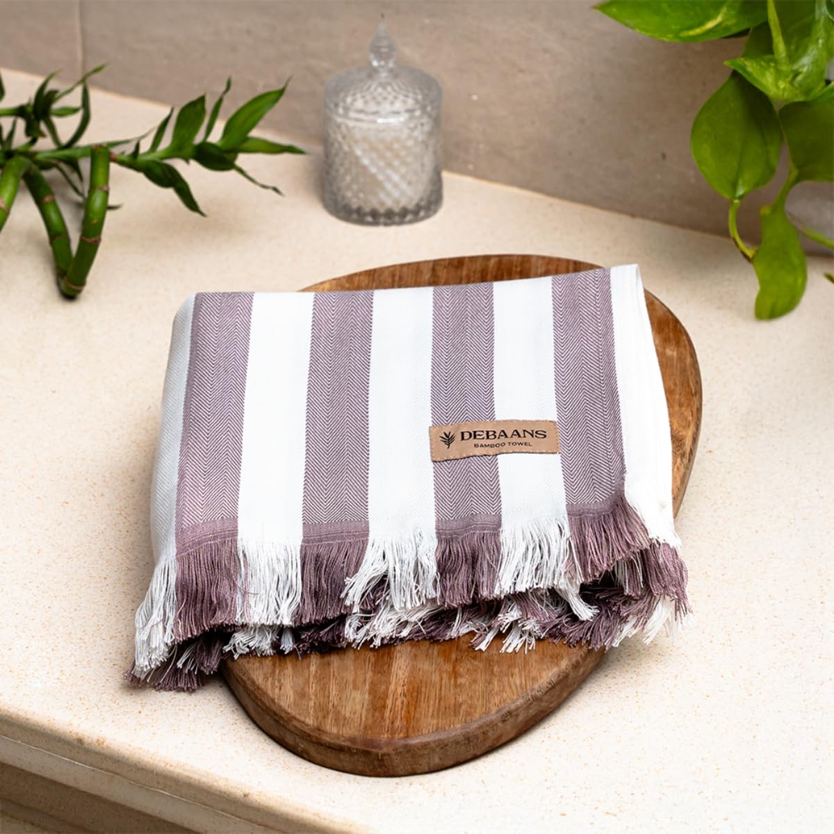 Debaans 100% Bamboo Large Bath Towel 400 Gsm | Buttery Soft, Ultra-Absorbent, Lightweight, Anti-Microbial, Hypoallergenic, Quick Dry Bath Towel (Plum Stripe)