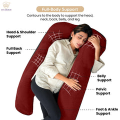 Full Body U Shape Pregnancy Pillow For Women, Maternity Pillow, Maroon Color | Pillow Gift For Pregnancy Sleeping, Premium Velvet Cover With Zip | Adjustable & Washable, Relieves Pain