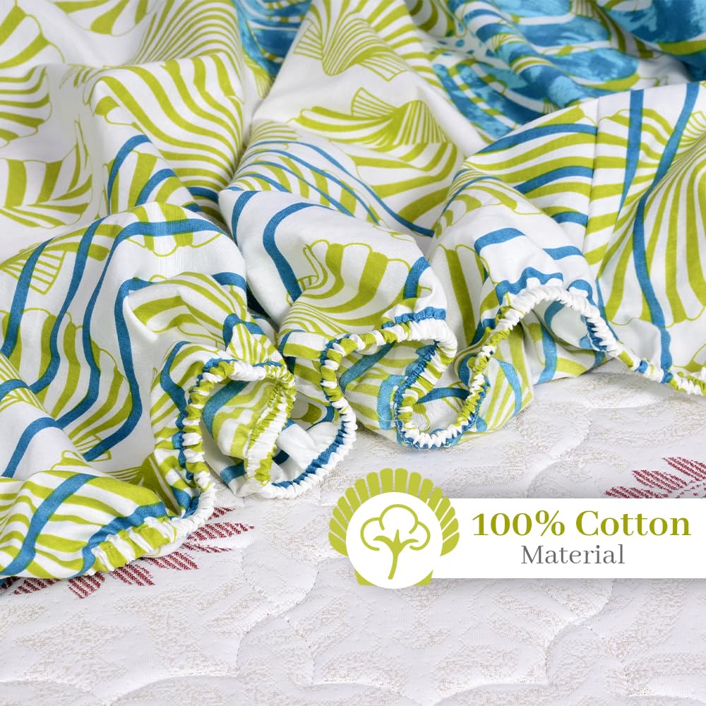 Printed King Size Double Bedsheet With 2 Pillow Cover For Bedroom | 72 X 78 Inches, White & Green - All Around Elastic Fitted | Ideal For Everyday Use