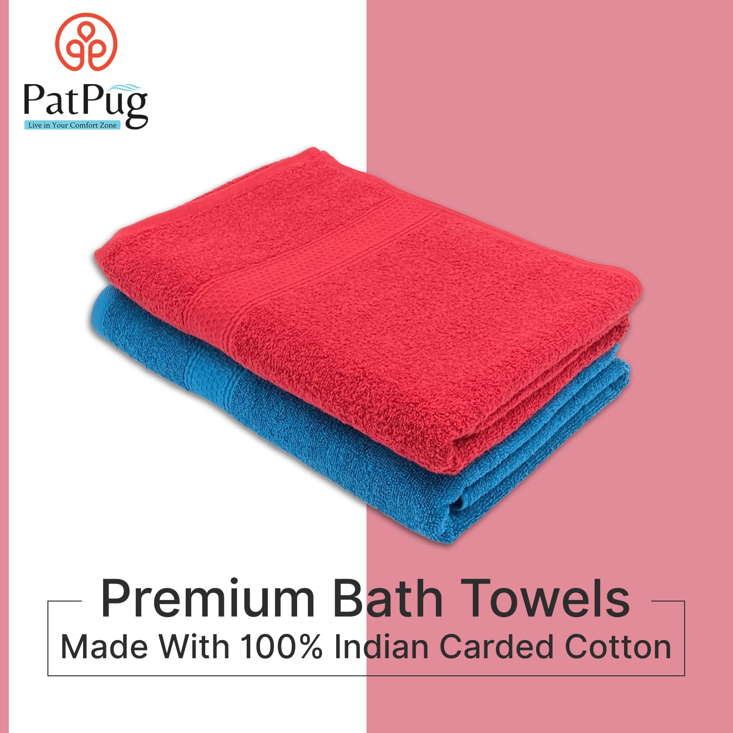 PatPug 100% Indian Ultra Soft Cotton 450 Gsm Bath Towel Large Bath Towel | Highly Absorbent Quick Drying Durable Towel For Men, Women & Kids (Ruby Red & Ocean Blue)