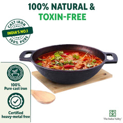 Super Smooth Cast Iron Cookware Set + Free Iron Tadka Pan | Kadai 25cm, 2.5 Liters + Tawa 30cm - Pack Of 3 | Naturally Nonstick, Pre-Seasoned, 100% Pure & Toxin-Free, No Chemical Coating