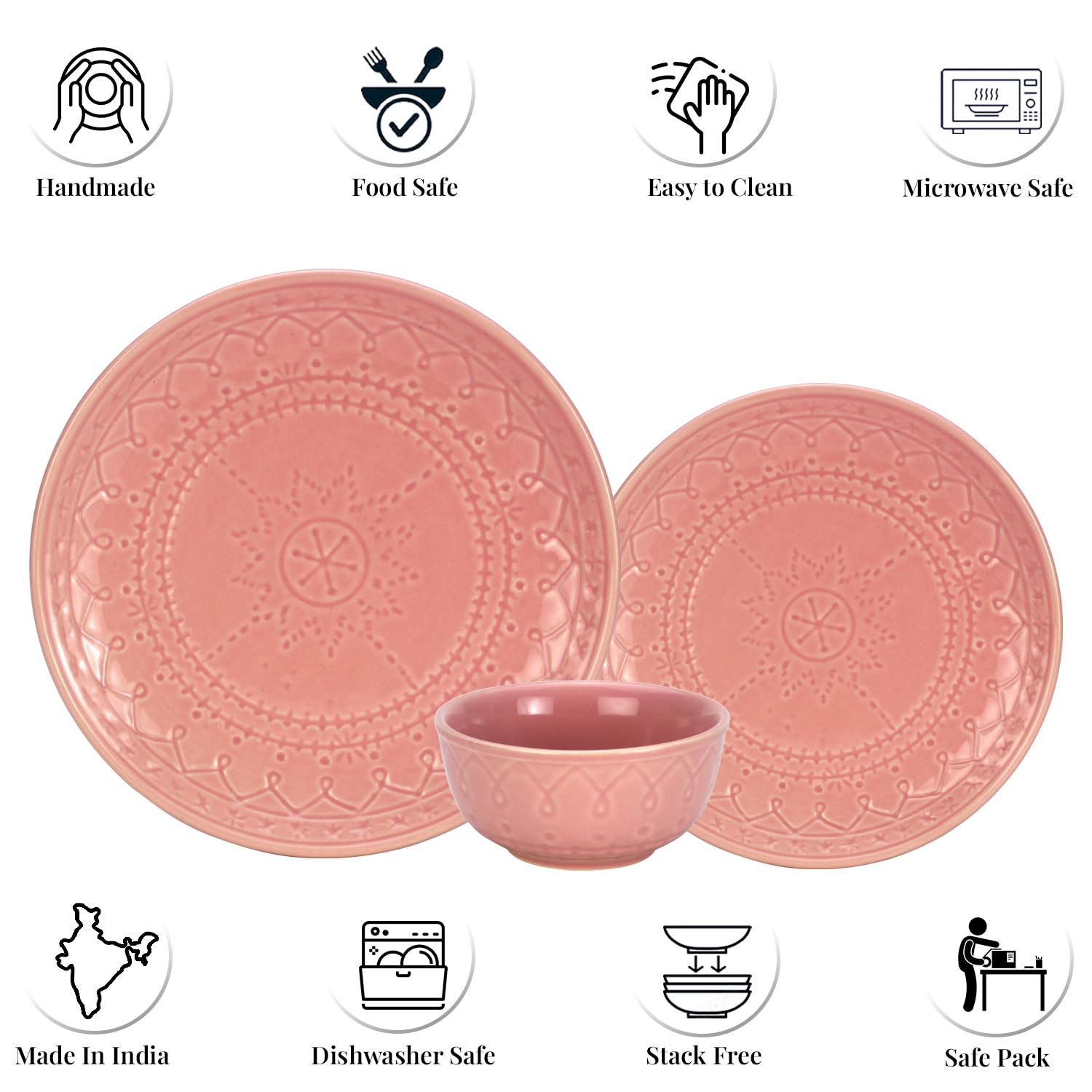 Handcrafted Stoneware Embossed Ceramic Dinner Set Of 6 Pcs - Light Pink | 2 Dinner Plates+ 2 Small Plates+ 2 Small Bowls, 180ml Each - Microwave & Dishwasher Safe | Serving For 2