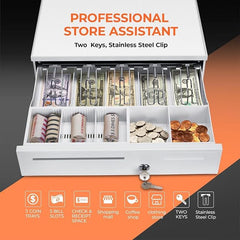 Electronic & Manual Metal Cash Drawer For Point Of Sale (Pos) System With Coin Tray, Colour - White, Material - Alloy Steel