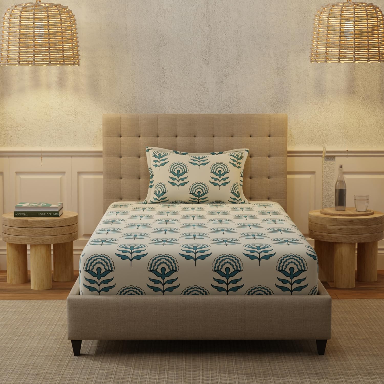100% Cotton Bedsheet For Single Bed With 1 Pillow Cover, (Size 58 X 90 Inches) Beige & Blue | Soft And Comfortable For All Season | 200 Thread Count