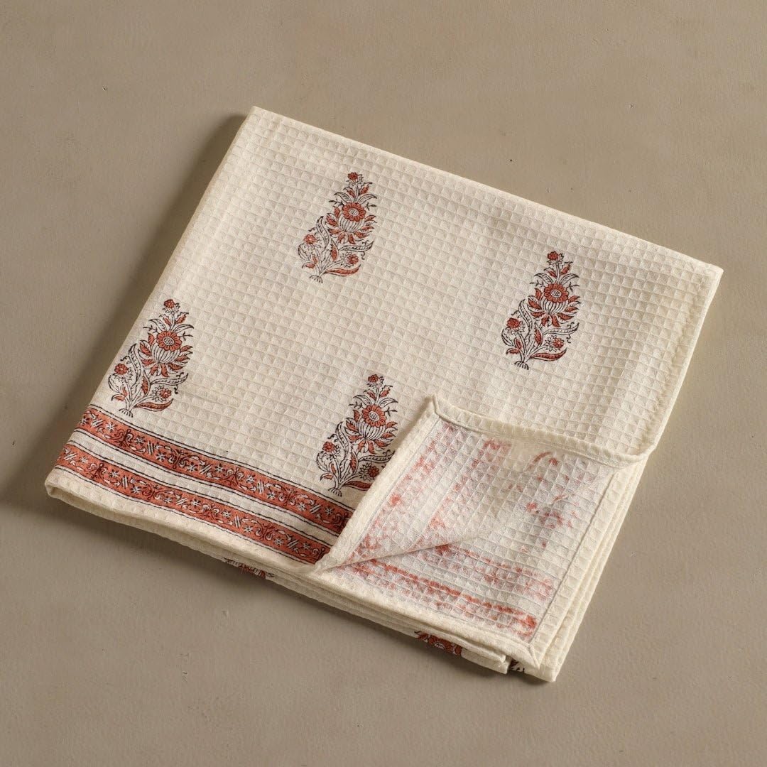 Peepul Tree 100% Pure Cotton Block Printed 2 Hand Towels 240 Gsm | Super Absorbent, Soft & Faster Drying, Floral Printed (Off-White Peach Floral)