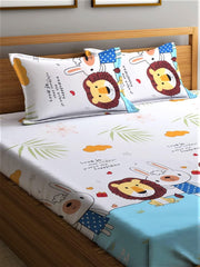Cartoon Printed Double Bedsheet For Kids With 2 Pillow Cover - 72 X 78 X 10 Inches, White & Sky Blue | Cotton Feel All Around Elastic Fitted King Size Double Bed