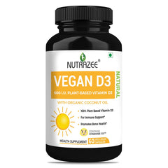 Nutrazee Vegan Vitamin D3 Supplement For Men & Women, Cholecalciferol, Plant Based Natural From Lichen With Organic Coconut Oil, Joint & Muscles Health | 60 Capsules , 100gm 0.2lbs