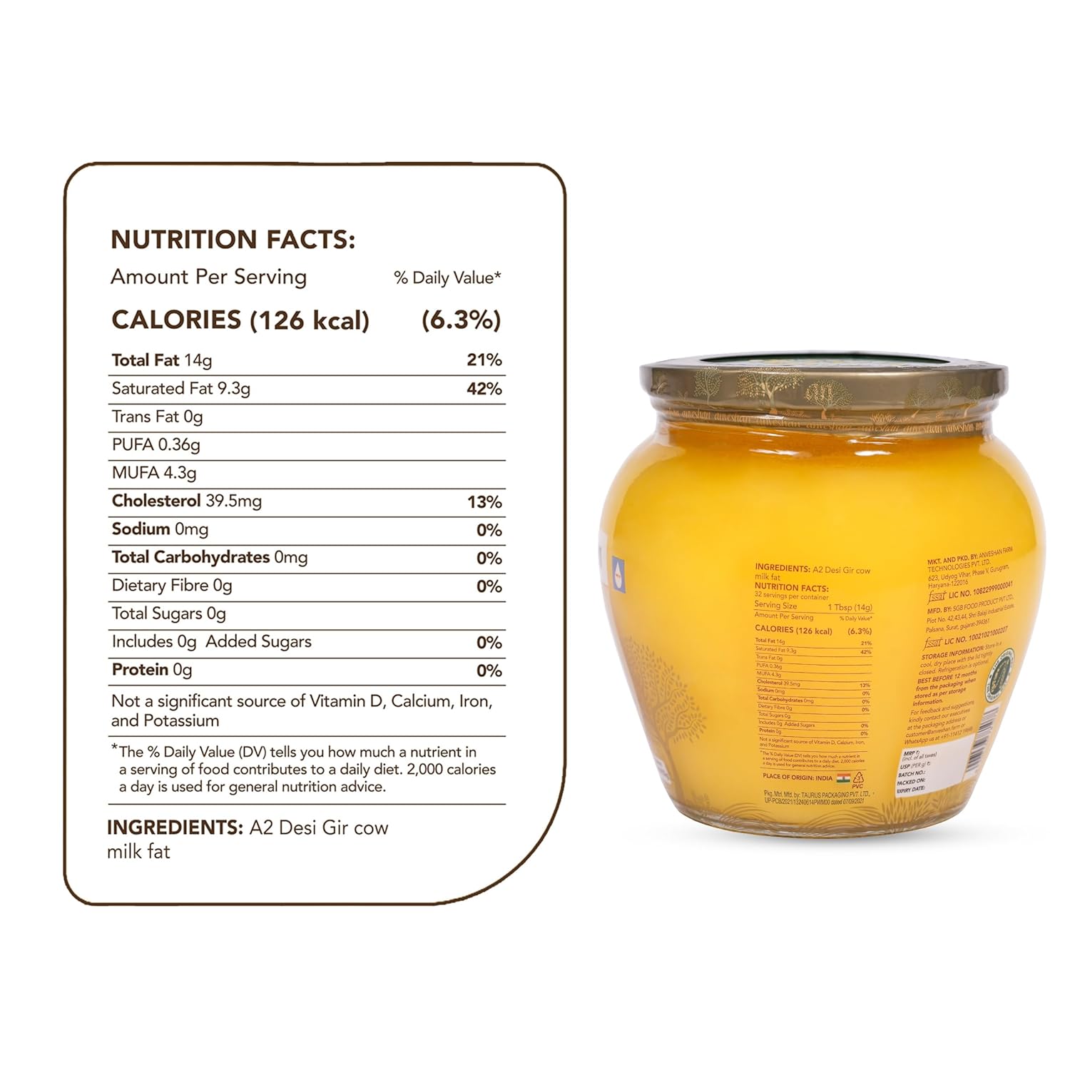 Natural Premium Bilona-Churned Gir Cow Ghee By Anveshan | High In Vitamins A, D & Healthy Bilona Method Desi Ghee Good For Digestive Health | (500ml) 16.9 Ounce | Jar Pack