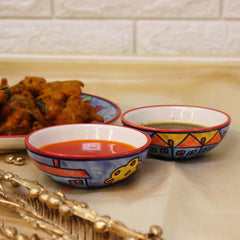 Exotic Panorama Small Ceramic Dip Bowls Set - 4 Pieces, 50ml Each, Multicolor | Hand Painted Mini Chutney Bowls - Pickle Small Katoris For Serving Sauce